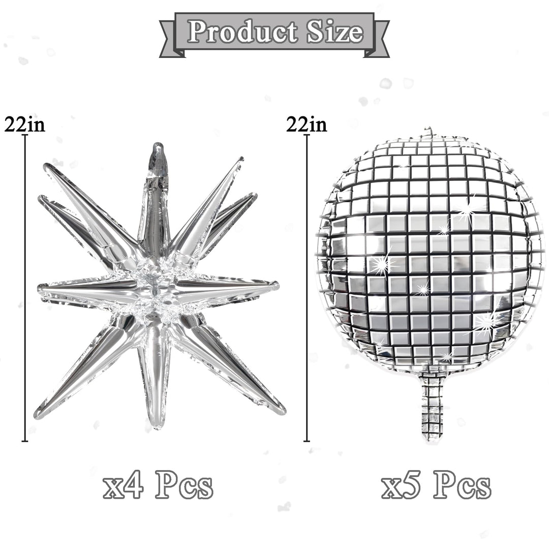 Disco Ball Balloons for 70s Disco Party Decor, 22 Inch Large 4D Metallic Silver Disco Balloons with Stars Balloons for Disco Themed Party, Birthday New Year Christmas Decor 9pcs