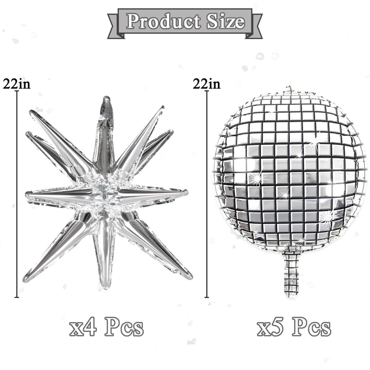 Disco Ball Balloons for 70s Disco Party Decor, 22 Inch Large 4D Metallic Silver Disco Balloons with Stars Balloons for Disco Themed Party, Birthday New Year Christmas Decor 9pcs