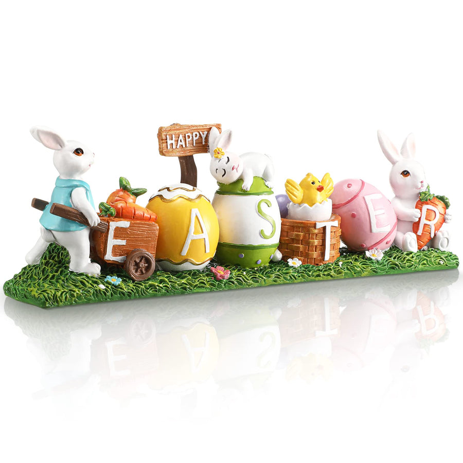 Happy Easter Decorations Resin Bunny Decorations Easter Table Decorations Spring Bunny Figurines Home Decor with Colorful Eggs and Carrots for Household and Office Table Decoration