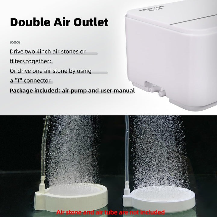 Upgrade Aquarium Air Pump, Ultra-Quiet Fish Tank Oxygen Pump with Adjustable Airflow, Powerful Air Pump with 2 Outlets to Pump Rich and Fine Air Bubbles