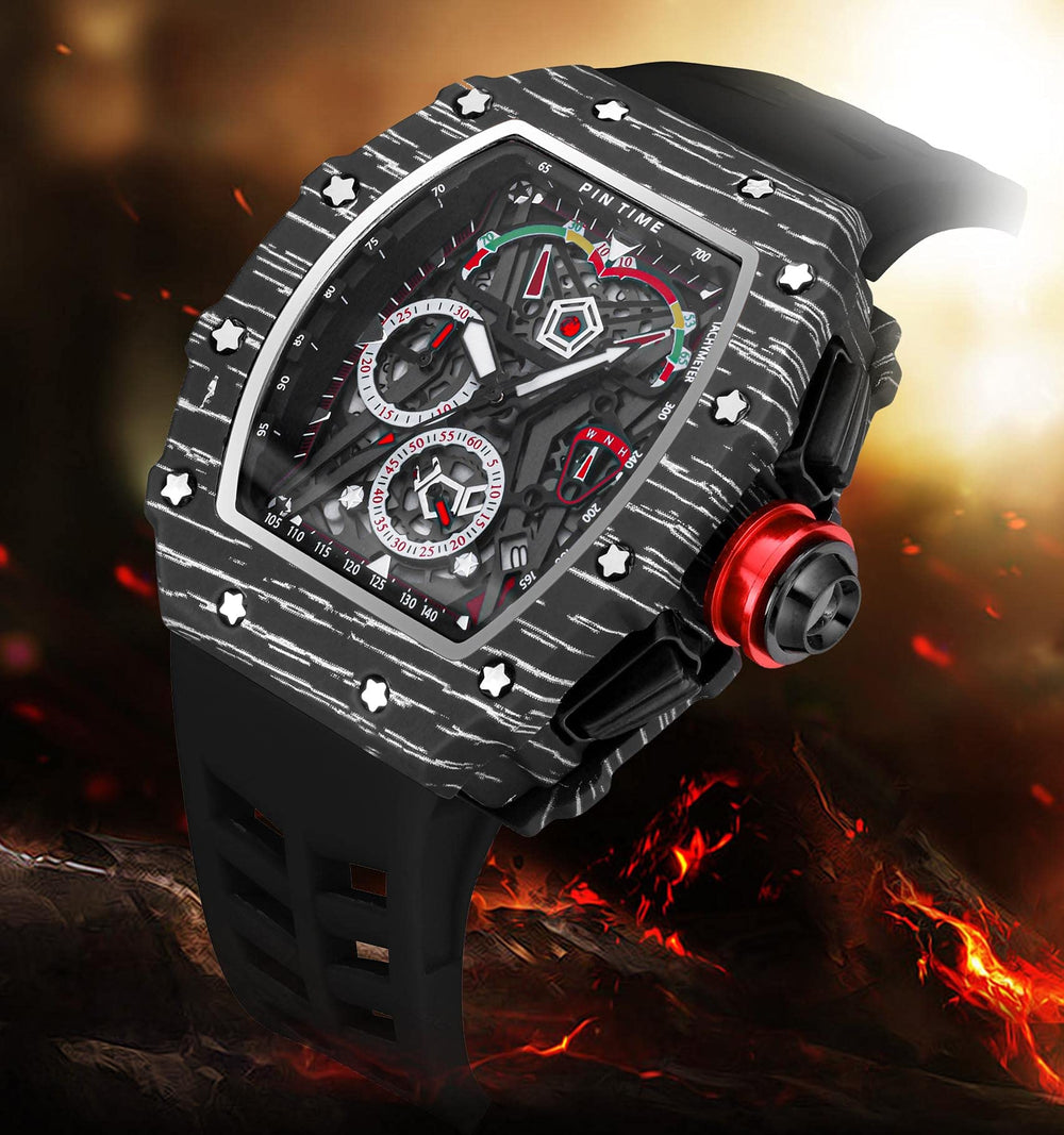 Mens Luxury Tonneau Square Watches Analog Punk Chronograph Unique Sports Wrist Watch Japanese Movement Luminous Design with Rubber Band (X Black Black)