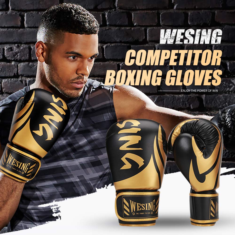 WESING Boxing Gloves for Men 14 Oz MMA Training Sparring Gloves 16 Oz Punch Mitts (Black, 12 Oz)