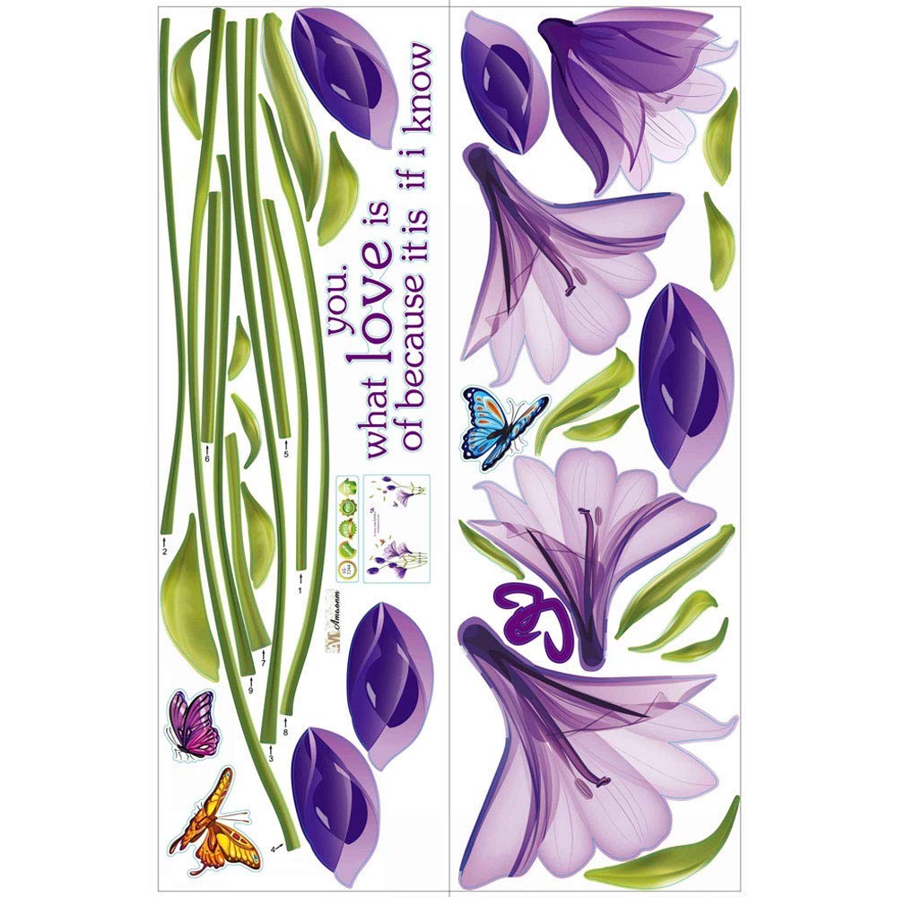 RW-7244 Removable 3D Purple Lily Flowers Wall Decals Floral Butterflies Wall Stickers Peel and Stick DIY Wall Art Decor for Kids Girls Baby Bedroom Nursery Living Room TV Wall Home Decoration