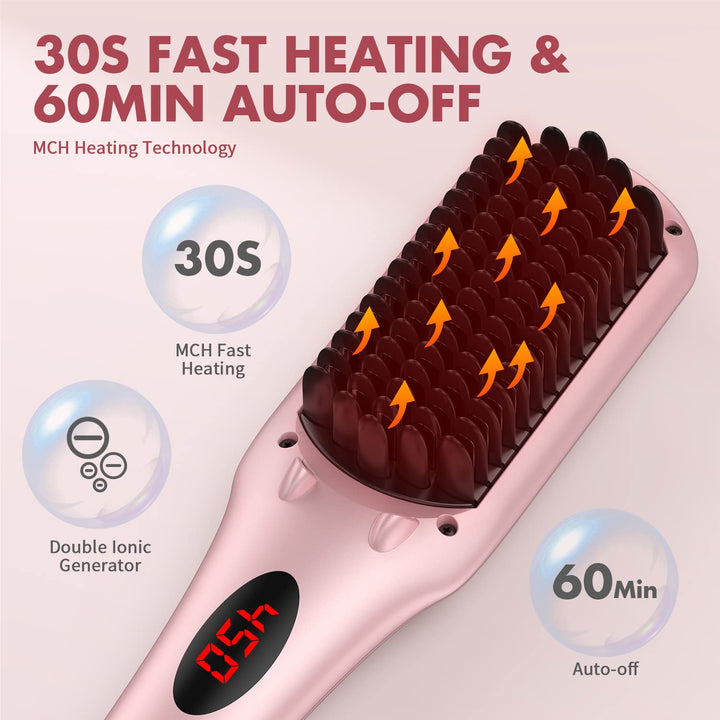 Enhanced Hair Straightener Heat Brush , 2-in-1 Ceramic Ionic Straightening Brush, Hot Comb with Anti-Scald Feature, Auto Temperature Lock &amp; Auto-Off Function (Pink) 4 Piece Set