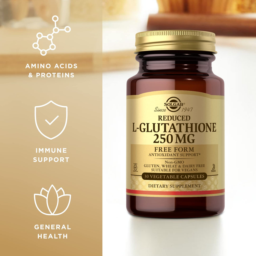 Solgar Reduced L-Glutathione 250 mg, 30 Vegetable Capsules - Antioxidant Support - Free Form Amino Acids - Non-GMO, Vegan, Gluten Free, Dairy Free, Kosher - 30 Servings