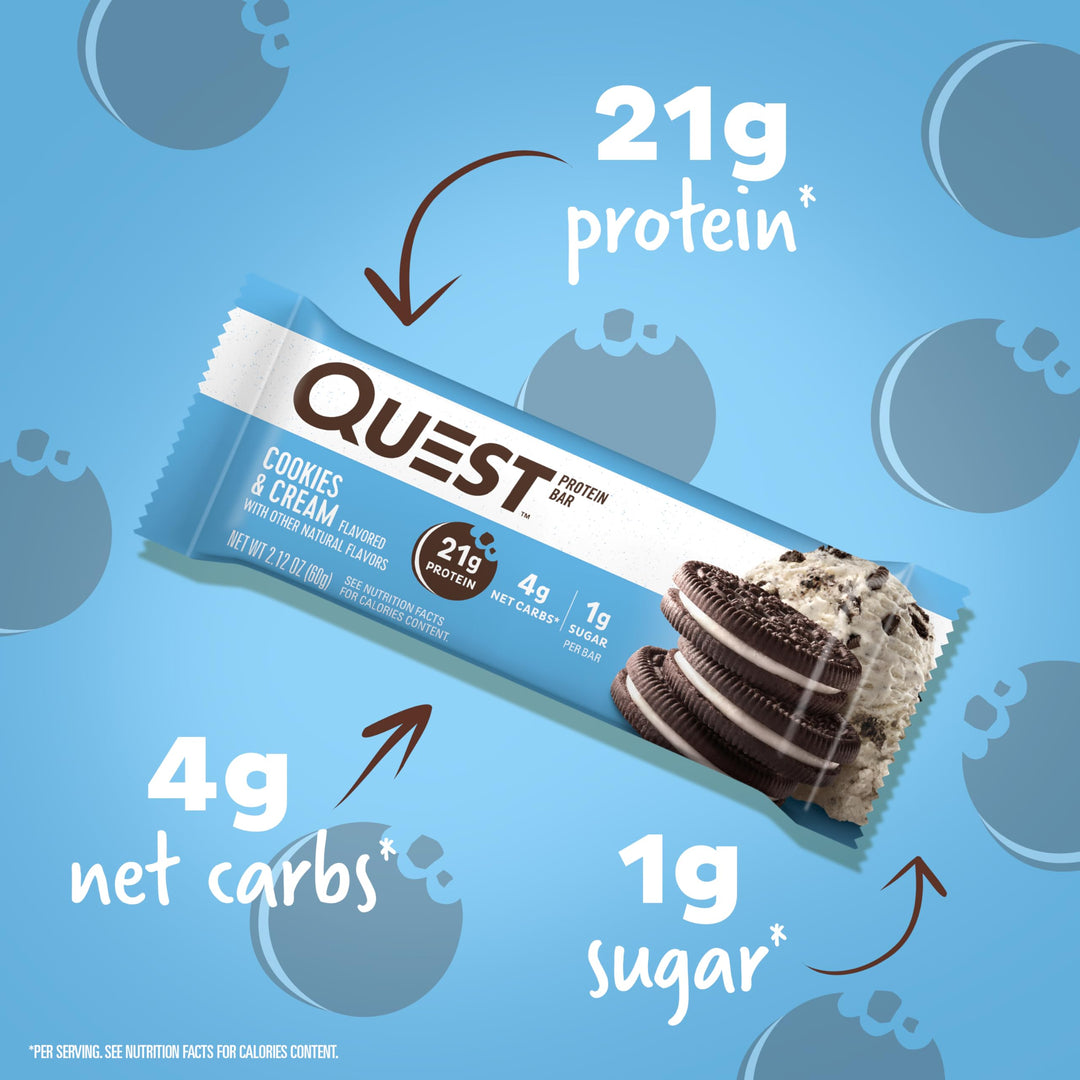 Cookies &amp; Cream Protein Bars, 21g Protein, 1g Sugar, 4g Net Carb, Gluten Free, Keto Friendly, 12 Count