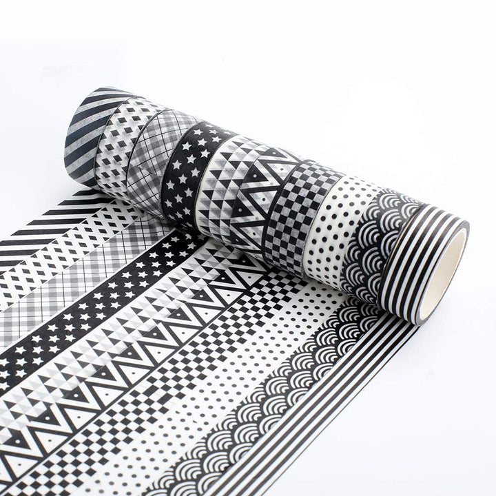 Black Washi Tape for Gift Wrapping and House Decoration (10 Set, Black and White)