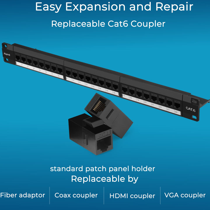 Patch Panel 24 Port Cat6 with Inline Keystone 10G Support, Pass-Thru Coupler UTP 19-Inch with Removable Back Bar, 1U Network Patch Panel for Cat6, Cat5e, Cat5 Cabling