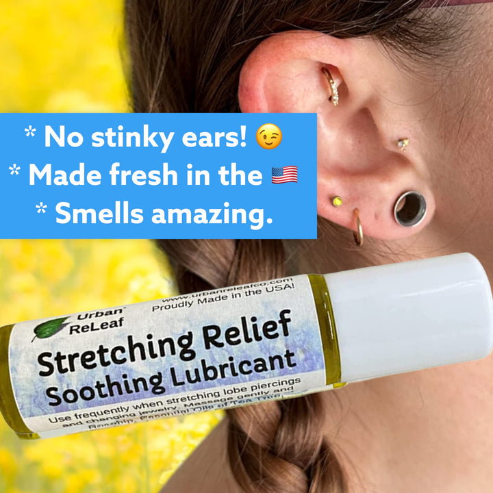 Ear Lobe Stretching Relief Soothing Lubricant ! Cools Red, Angry Stretched Piercings. Taper, Plug, Gauge Jewelry. Easy Roller-Ball Applicator. 100% Natural, Essential Oils