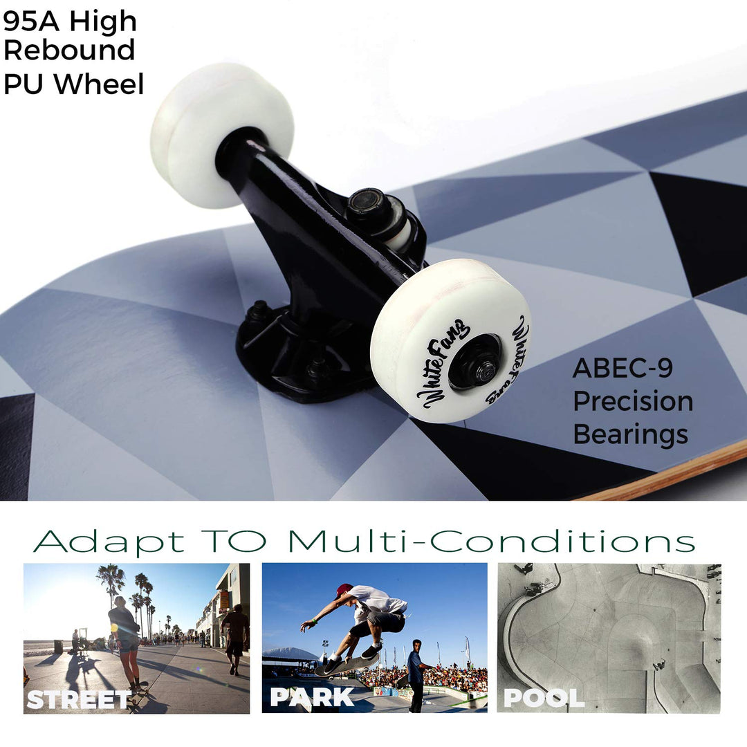 Skateboards, Complete Skateboard 31 x 7.88, 7 Layer Canadian Maple Double Kick Concave Standard and Tricks for Kids and Beginners (Diamond)