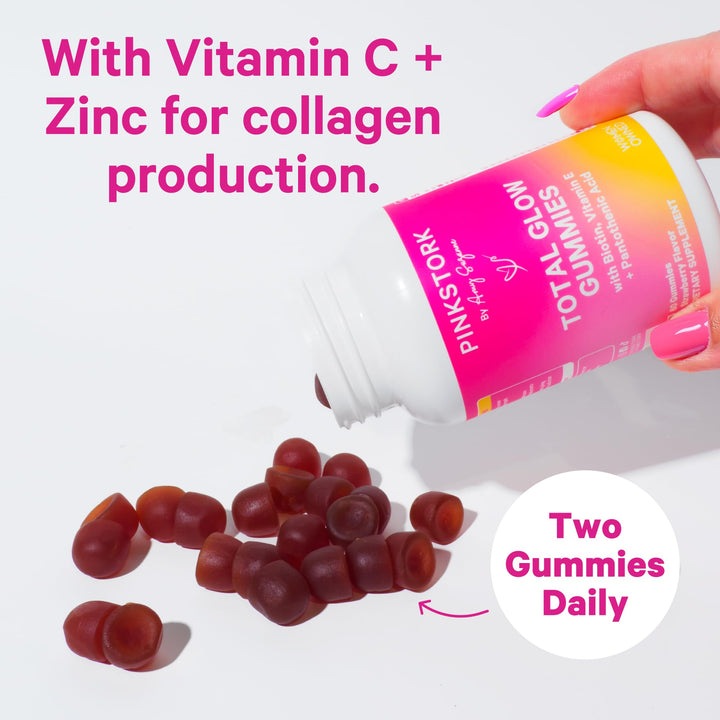 Total Glow Gummies - Hair, Skin, and Nails Vitamins - 11 Vitamins &amp; Nutrients - Biotin, Vitamin A, B6, B12, Folate - Beautiful Hair, Radiant Skin, and Strong Nails - 60 Berry Biotin Gummies