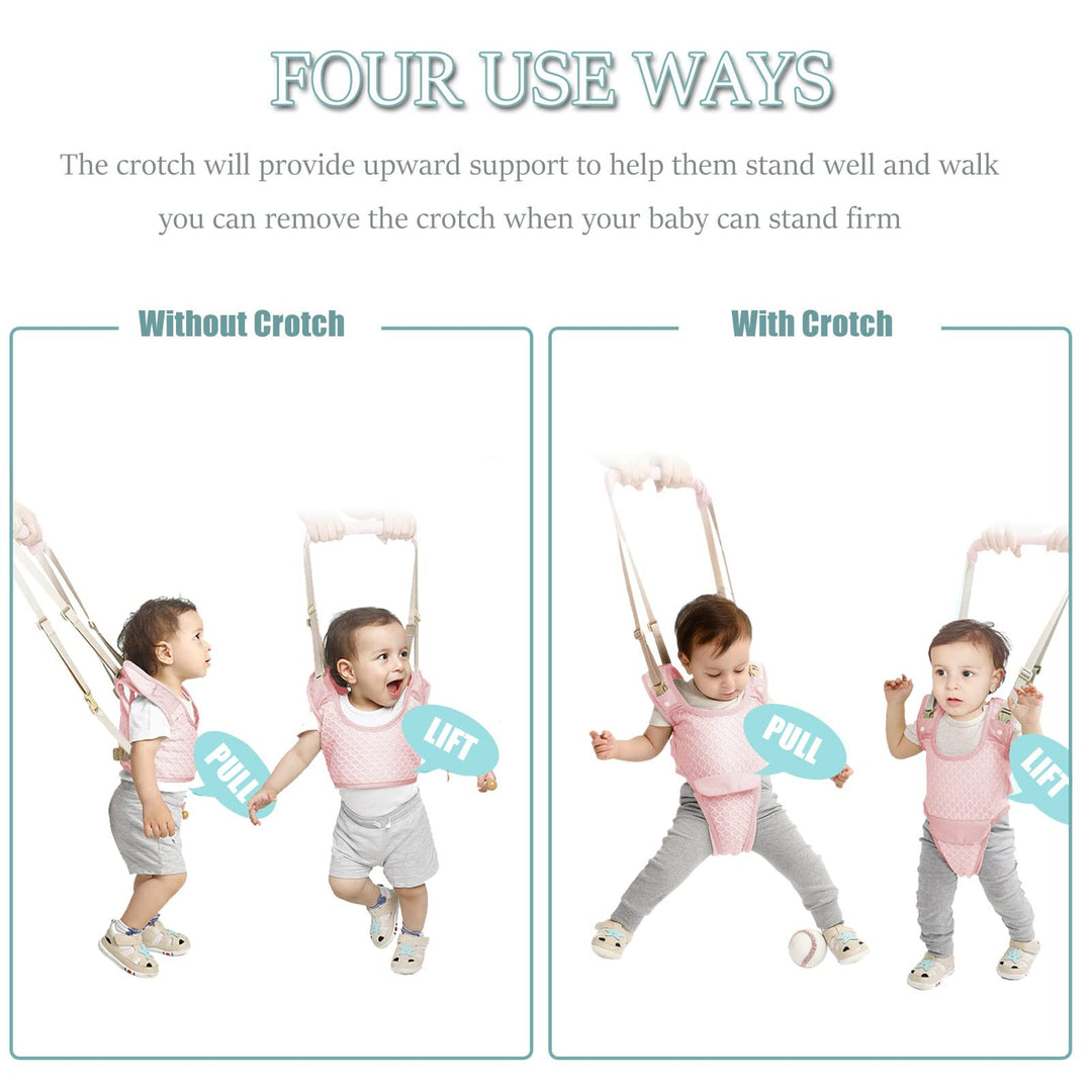Huifen Baby Walking Harness, Handheld Kids Walker Helper with Detachable Crotch Adjustable Walker Harness Assistant Belt Baby Learning Walk Toddler Infant Walker 9-24 Months (Breathable Pink)