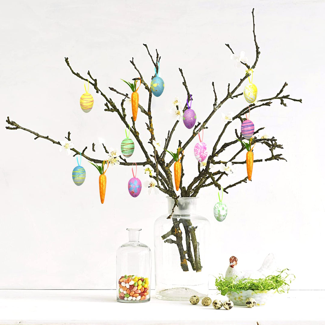 25 PCS Easter Egg Carrot Hanging Ornaments With Green Grass Easter Egg Ornaments for Tree Basket Decorations Home DIY Crafts