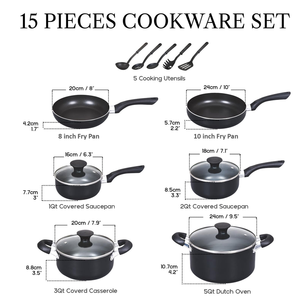 Basics Pots and Pans Cooking, 15-Piece Nonstick Cookware Set, Black