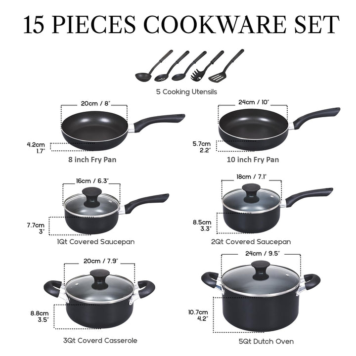 Basics Pots and Pans Cooking, 15-Piece Nonstick Cookware Set, Black