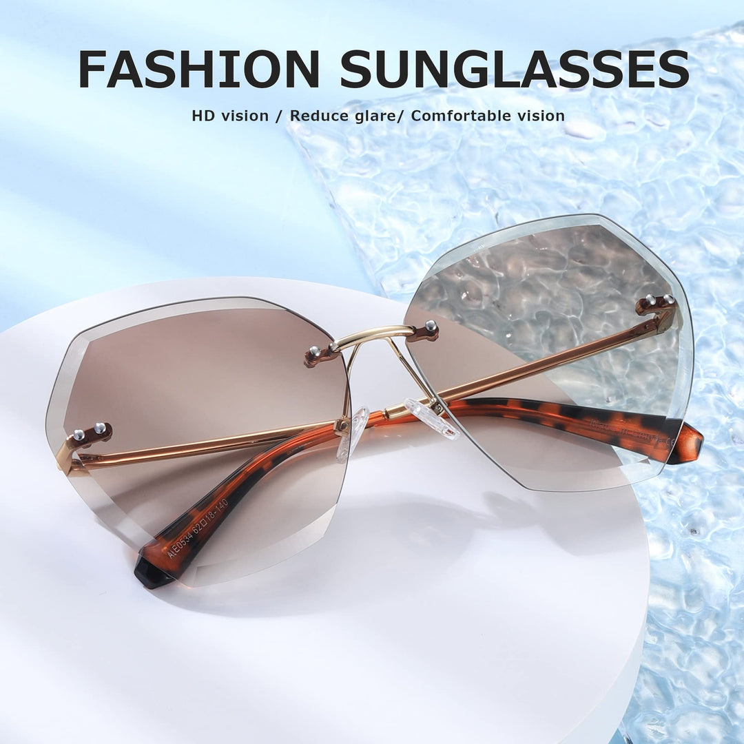 Sunglasses For Women Oversized Rimless Diamond Cutting Lens Sun Glasses AE0534