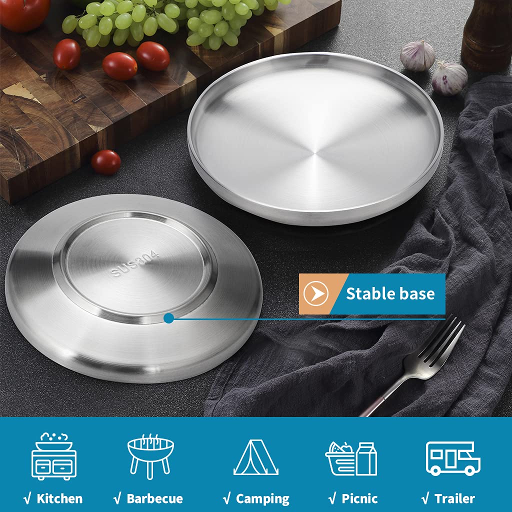 304 Stainless Steel Dinner Plates, 9 Double Layered Serving Plates, Brushed Metal Dishes for Camping, BBQ, Steak, Salad, Snack, Pack of 4