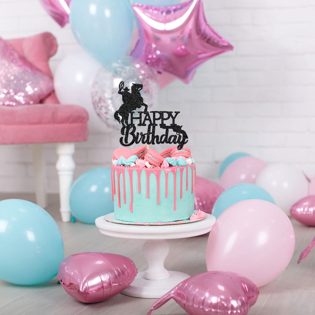 Black Cowboy and Horse Cake Topper with Gun, Happy Birthday West Theme Cake Decoration, Horse Racing Cake Topper, Western Wedding Anniversary Party Supplies