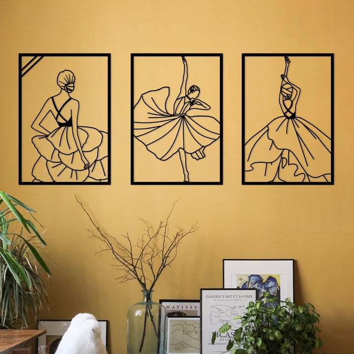 3 Pieces Metal Modern Minimalist Woman Wall Decor Abstract Line Drawing Female Dancers Simple Line Wall Art Home Decor for Bedroom Bathroom Living Room Dance Room (Gold)