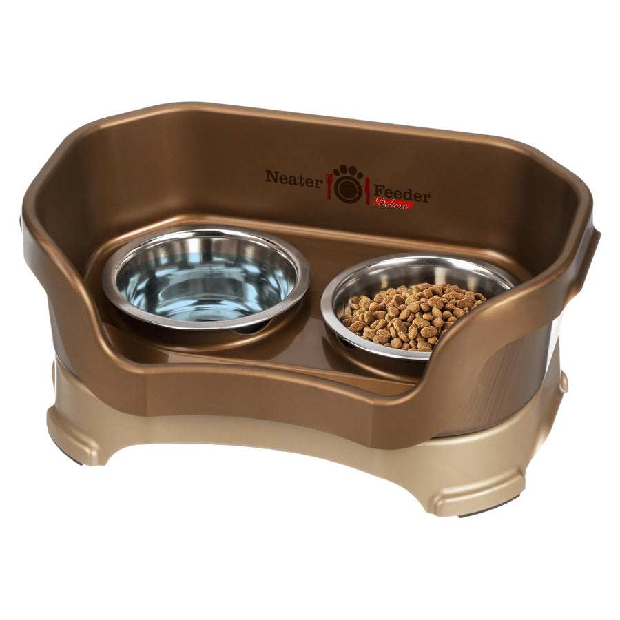 Neater Feeder Deluxe Mess Proof Dog Bowls Elevated for Small Breed – Made in USA – No Spill Raised Dog Food Bowl Stand – Stainless Steel Food and Water Bowl Set, Pet Feeding Station, Bronze