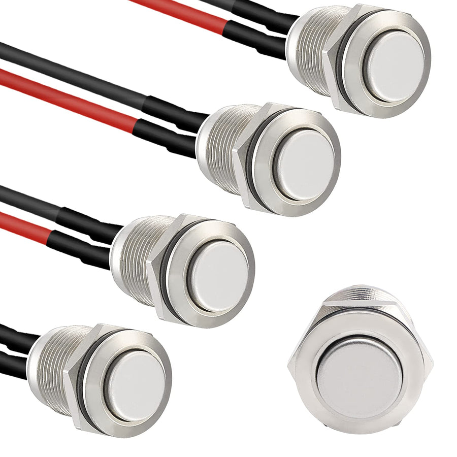5pcs 12mm Momentary Push Button Switch Silver Shell with pre-Wiring, IP65 Waterproof Push Button Switch,Stainless Steel 1 Normally Open Without LED.