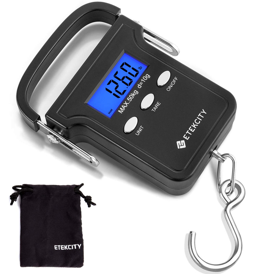 Fishing Scale with Backlit LCD Display, 110lb/50kg Digital Electronic Hanging Hook Scale with Batteries and Carry Pouch Included, Black, Non-Slip Handle