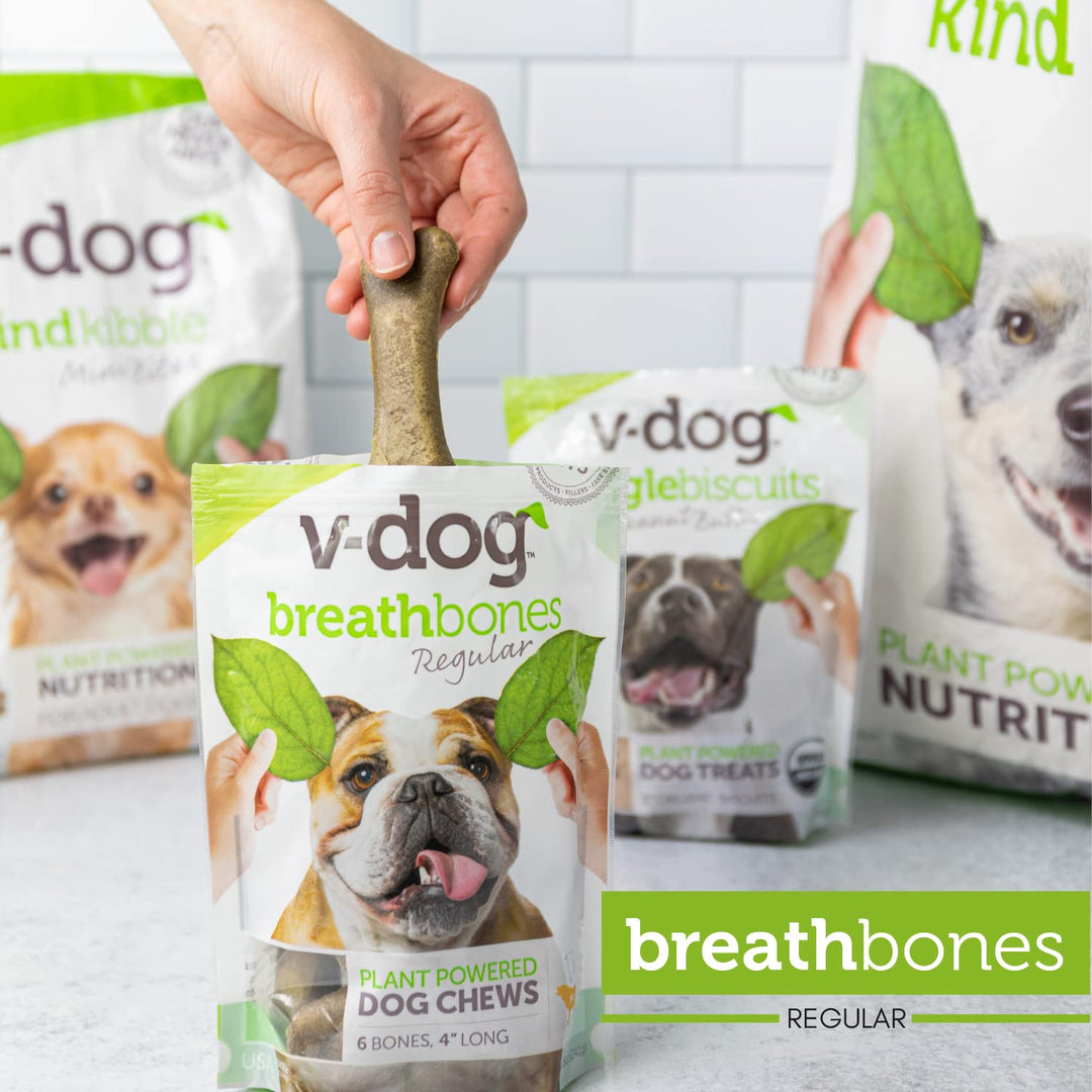 Dog Treats - Vegan Breathbone Teeth Cleaning Dental Dog Bones - Fresh Breath - 8 Ounces - All Natural - Made in USA - 6 Bones - 4 Long - Easy to Digest