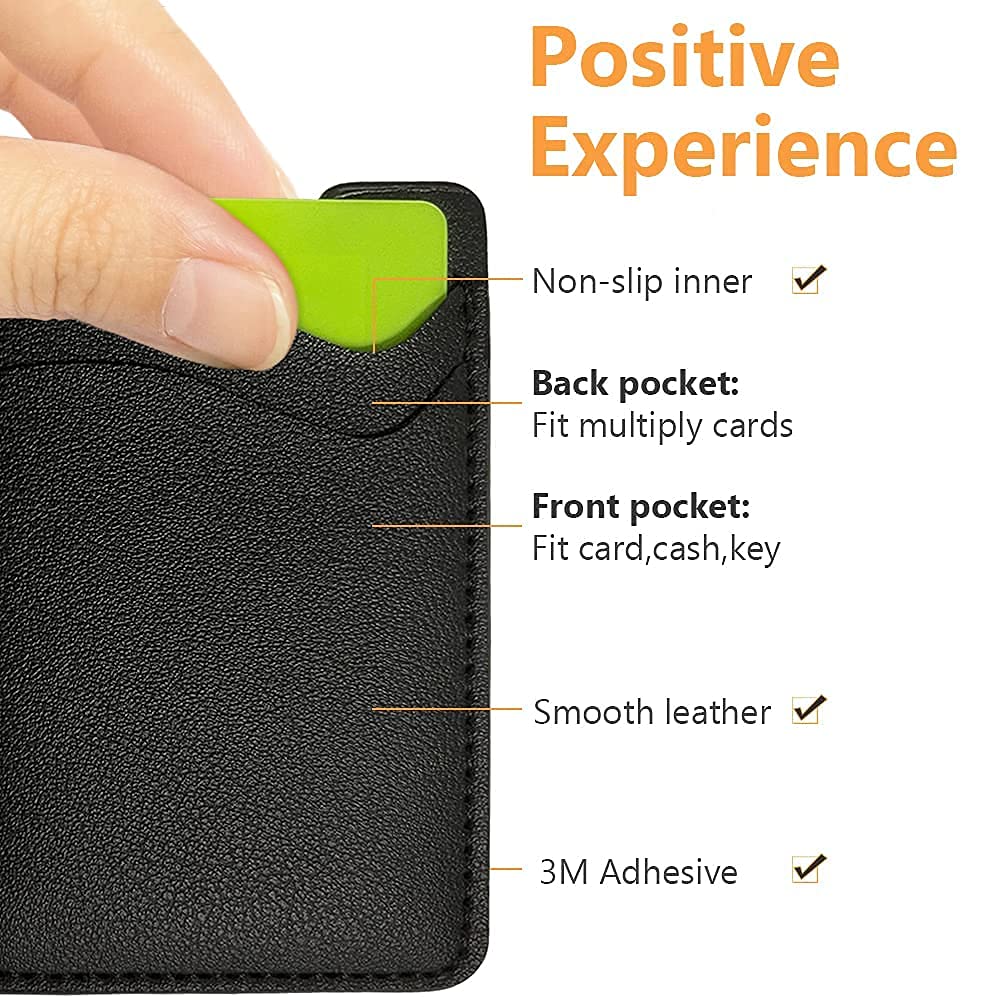 Phone Card Holder, Leather Phone Wallet Stick On, Card Holder for Back of Phone Credit Card Holder for Phone Case Compatible with Most of Cell Phone (iPhone, Samsung) - 2Pack Black