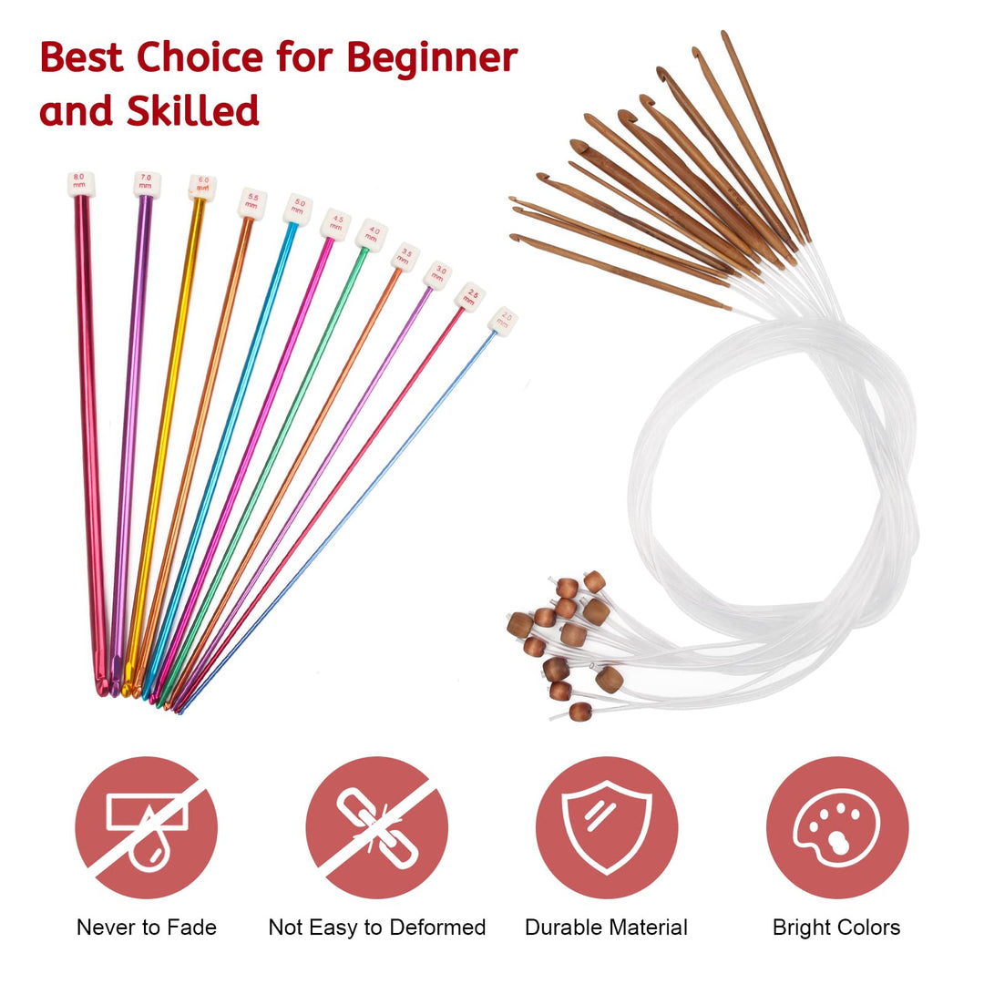 Tunisian Crochet Hooks Set 23 Pcs, 12P 3-10mm Bamboo Knitting Needle with Extend Braided Tube, Anti-Slip Bead Bamboo Crochet Hook 11P 2-8mm Aluminum Crochet Hook Needle Hook Sets (Transparent)
