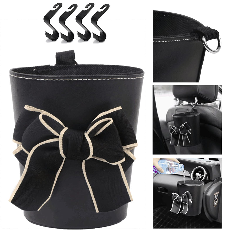 Car Trash Can Cute Accessories For Women Superior PU Leather Flower Art Organizer Gifts girl Bag Hanging Garbage Essentials Bin Carcan (Black)