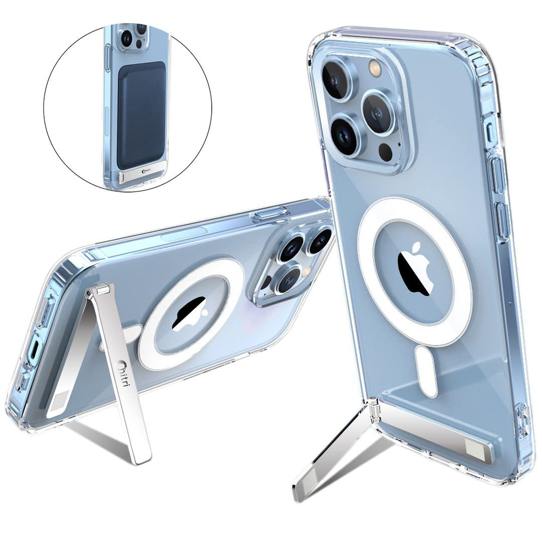 for iPhone 13 Pro Max Case Clear, [Three-Way Stand Magnetic Case] Compatible with MagSafe Charger [with Metal Kickstand] Transparent Hard PC Back Slim Shockproof Protective Case