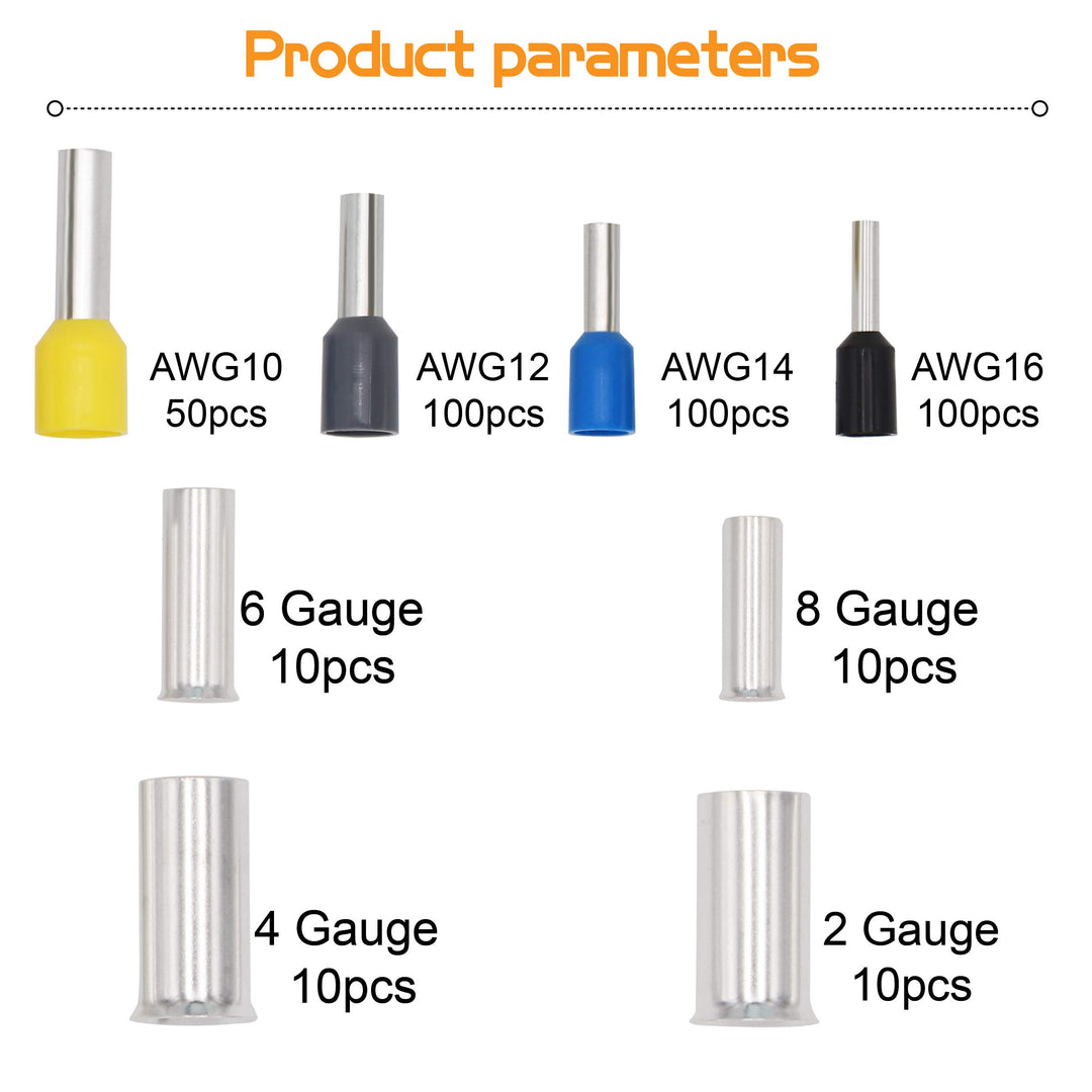 390pcs AWG (2 4 6 8 10 12 14 16) Wire Ferrules Kits Crimp Terminal Connector Sleeves