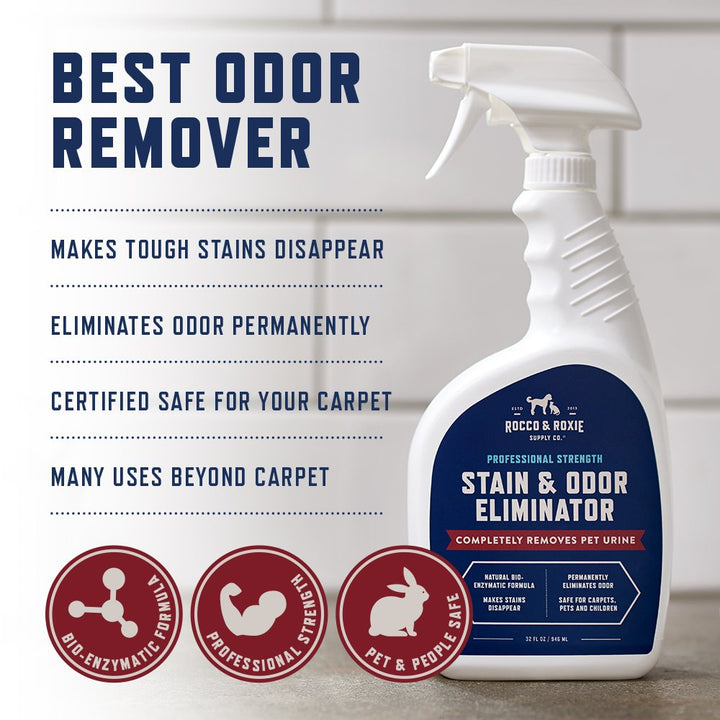Rocco &amp; Roxie Stain &amp; Odor Eliminator for Strong Odor, 32oz Enzyme Pet Odor Eliminator for Home, Carpet Stain Remover for Cats &amp; Dog Pee, Enzymatic Cat Urine Destroyer, Carpet Cleaner Spray