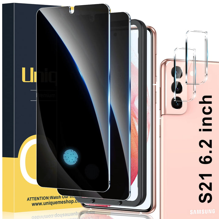 [2+2 Pack] Compatible with Samsung S21 Privacy Screen Protector Tempered Glass and Camera Lens Protector, Anti Spy [Easy Installation Frame] Bubble Free