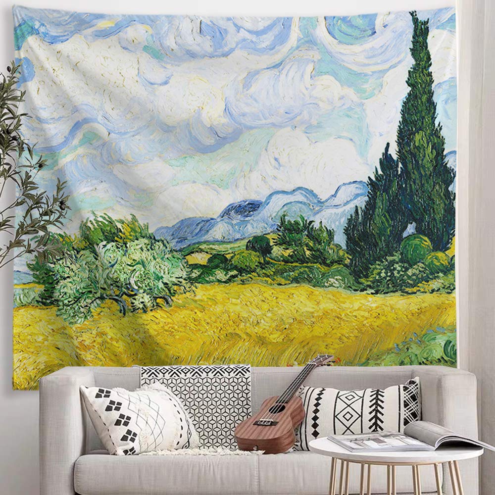 Vincent Van Gogh Wall Tapestry Green Wheat Fields Oil Painting Wall Hanging Art Home Decor for Living Room Bedroom Bathroom Dorm, 60 W x 40 L (150cmx100cm) - Wheat Field with Cypresses