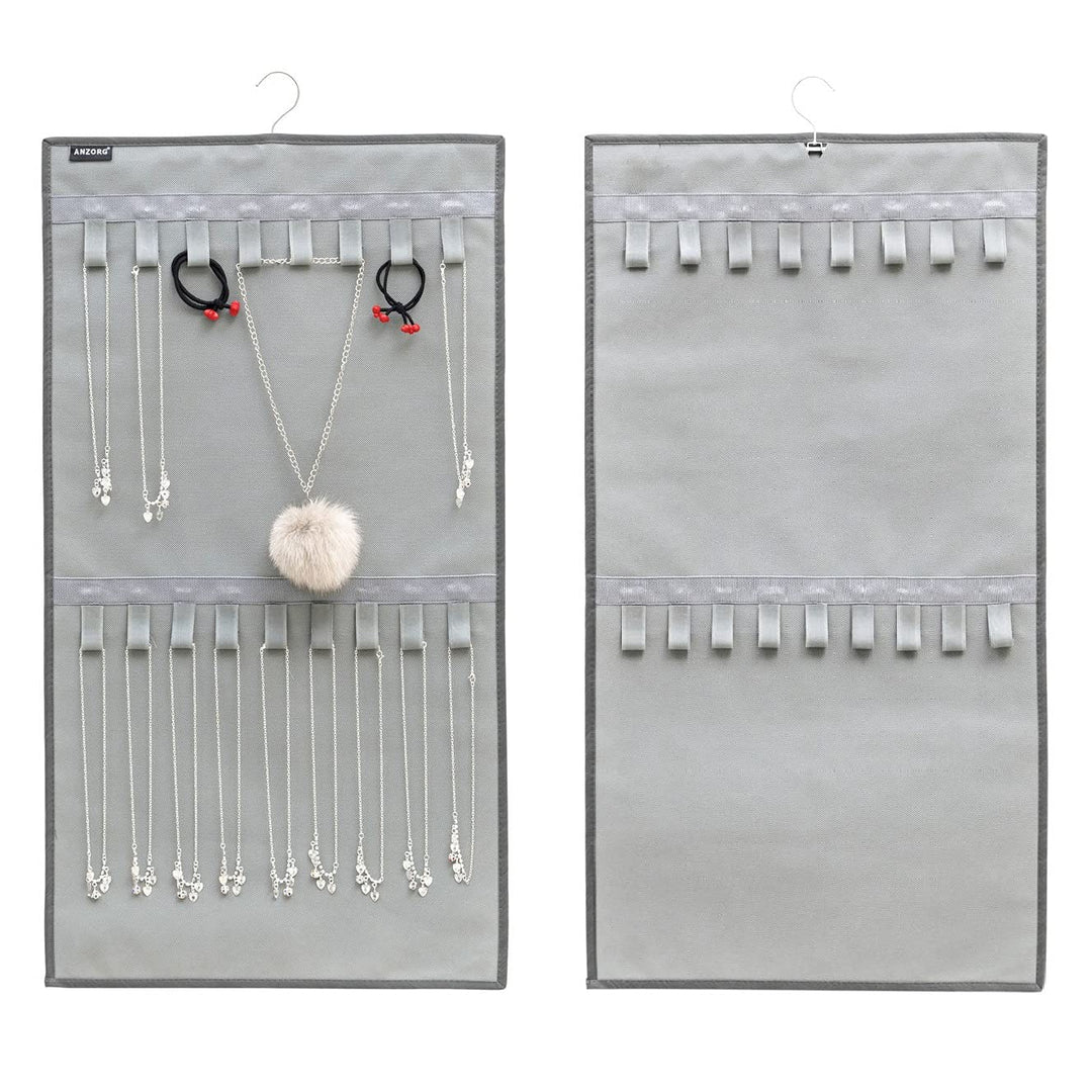 Dual-sided Hanging Jewelry Organizer with 34 Hook Loops Wall Mounted Necklace Holder Jewelry Display Storage Hanger for Bracelet Chain (GREY)
