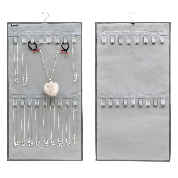 Dual-sided Hanging Jewelry Organizer with 34 Hook Loops Wall Mounted Necklace Holder Jewelry Display Storage Hanger for Bracelet Chain (GREY)