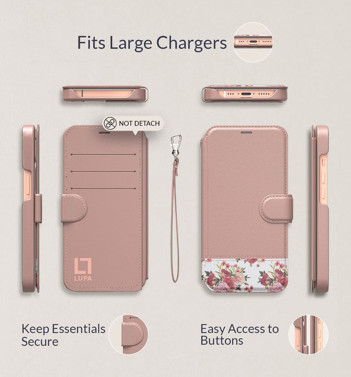 iPhone 13 Pro Max Wallet Case - Slim, Durable Floral Charm Flip Cover with Card Holder &amp; Wristlet