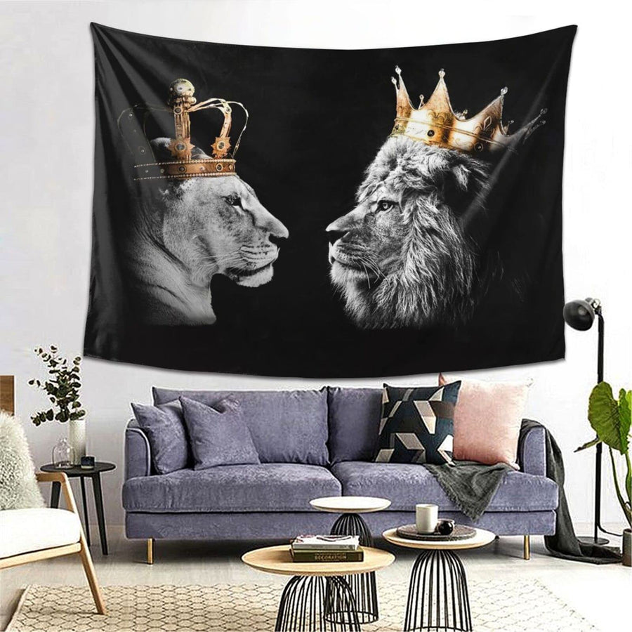 Black and White Lion Tapestry Art African King and Queen with Crown Tapestries Wall Hanging Wild Animal Home Decor Extra Large Tapestry for Bedroom Living Room Dorm Room 40x60