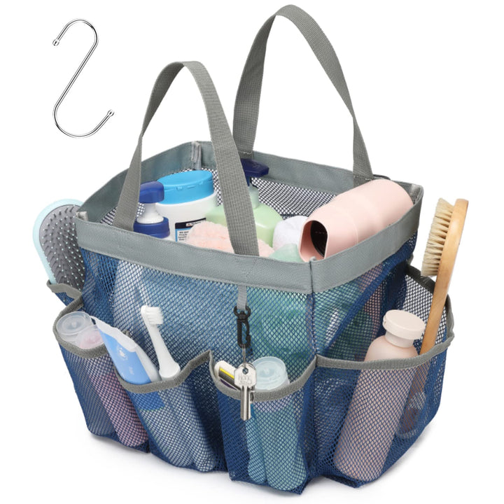 Mesh Shower Caddy Portable, Shower Caddy Quick Dry Hanging Shower Bag for College Dorm Essentials, 8 Pockets Deeper Bath Shower Caddy Basket for Bathroom Camp Gym Swim Travel Outdoor, Blue