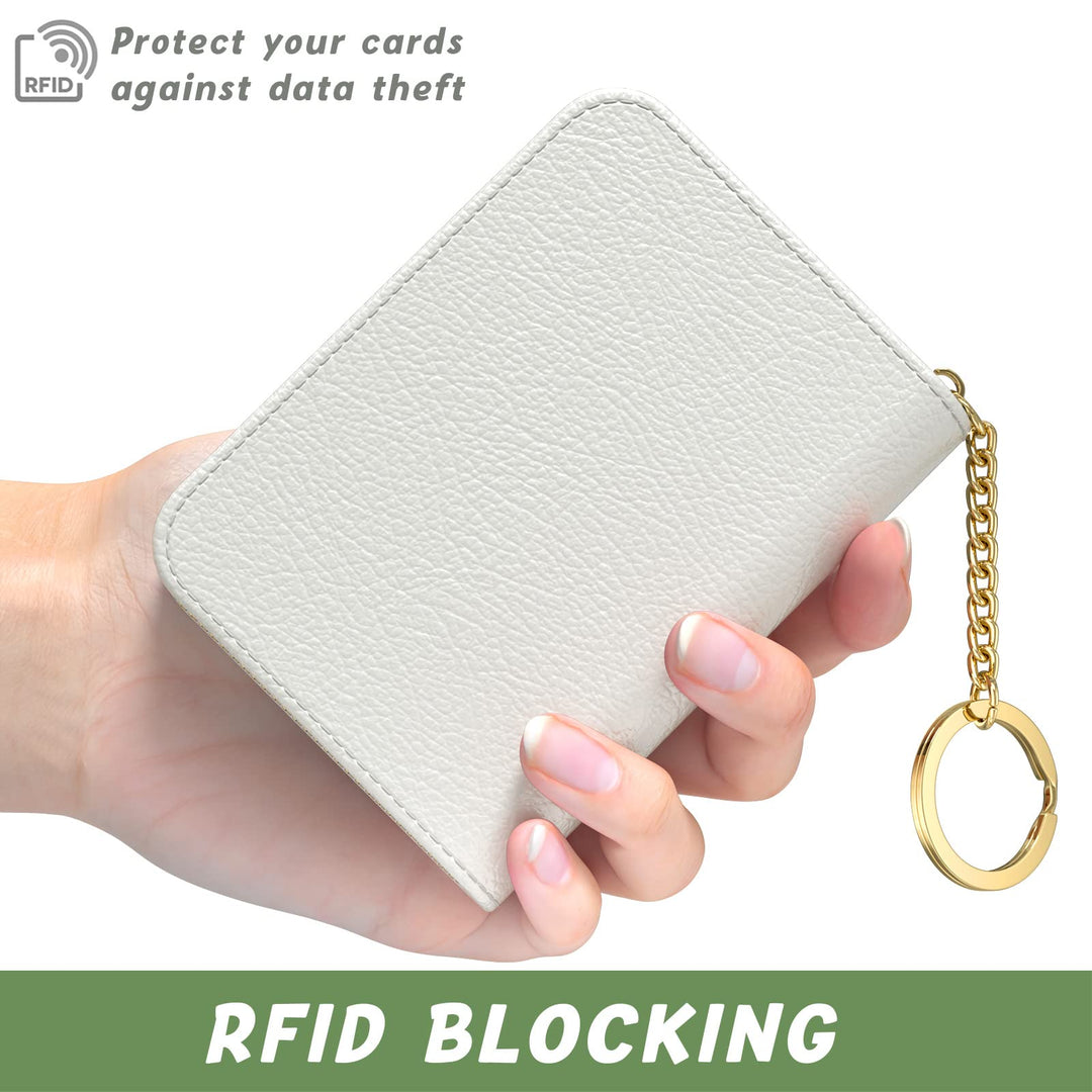 Credit Card Holder for Women, Small RFID Card Wallet Slim Leather Business Card Organizer Case with Zipper &amp; Keychain(White)