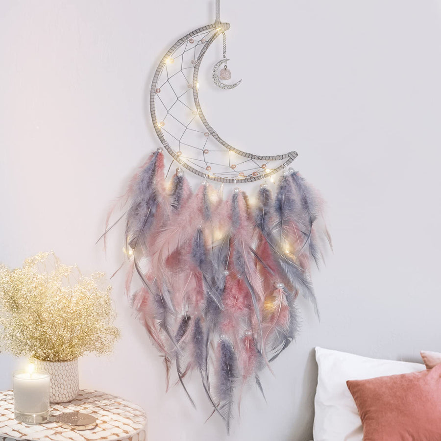 Moon Dream Catcher with Light Handmade Colorful Feather Dream Catchers Lucky Crystal Moon Pendant Wall Hanging Decor for Home Bedroom Decoration Ornament Craft Blessing Gift (Pink Grey)