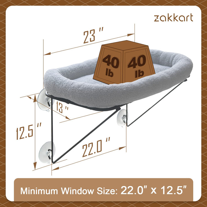 Cat Window Perch - 100% Metal Supported from Below - Comes with Warm Spacious Pet Bed - Cat Window Hammock for Large Cats &amp; Kittens - for Sunbathing, Napping &amp; Overlooking (Grey)