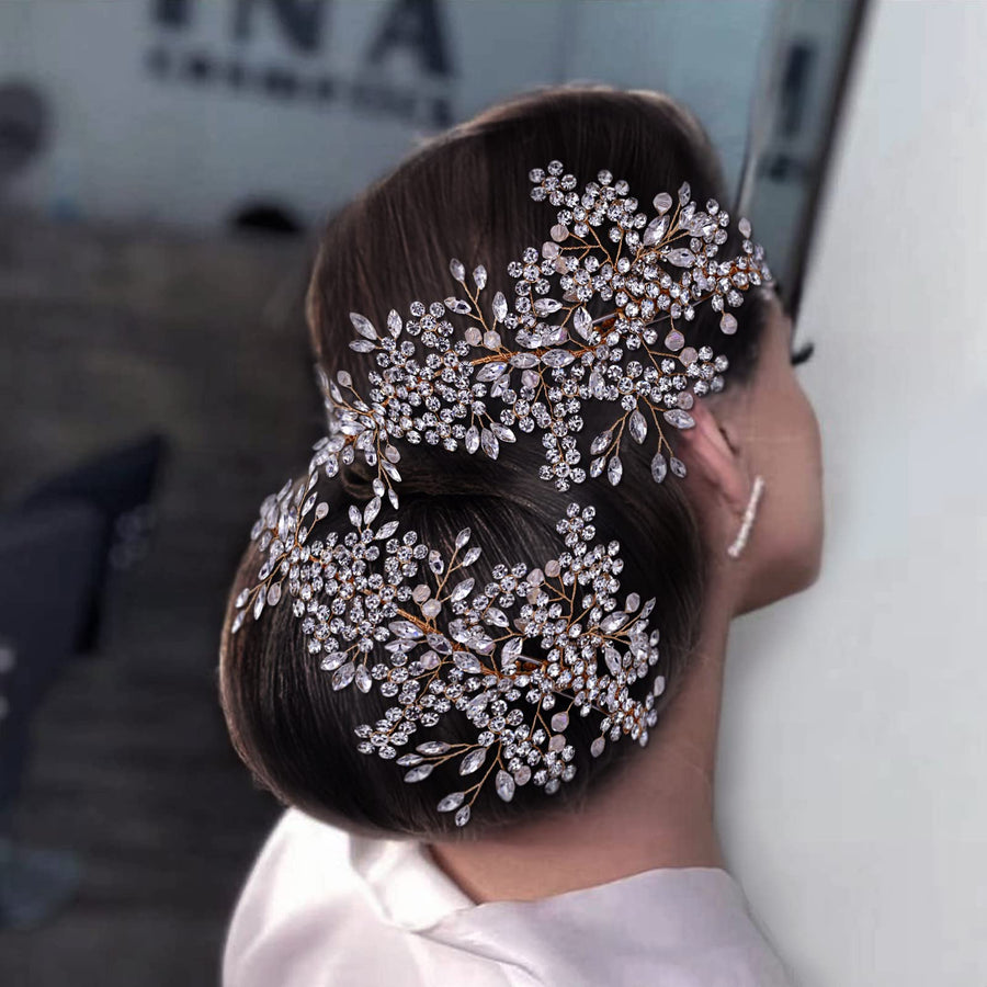 2 Pack Bride Wedding Headbands, Rhinestone Bridal Bridesmaid Hair Clips Accessories, Flower Girls Headpieces for Women (Gold)