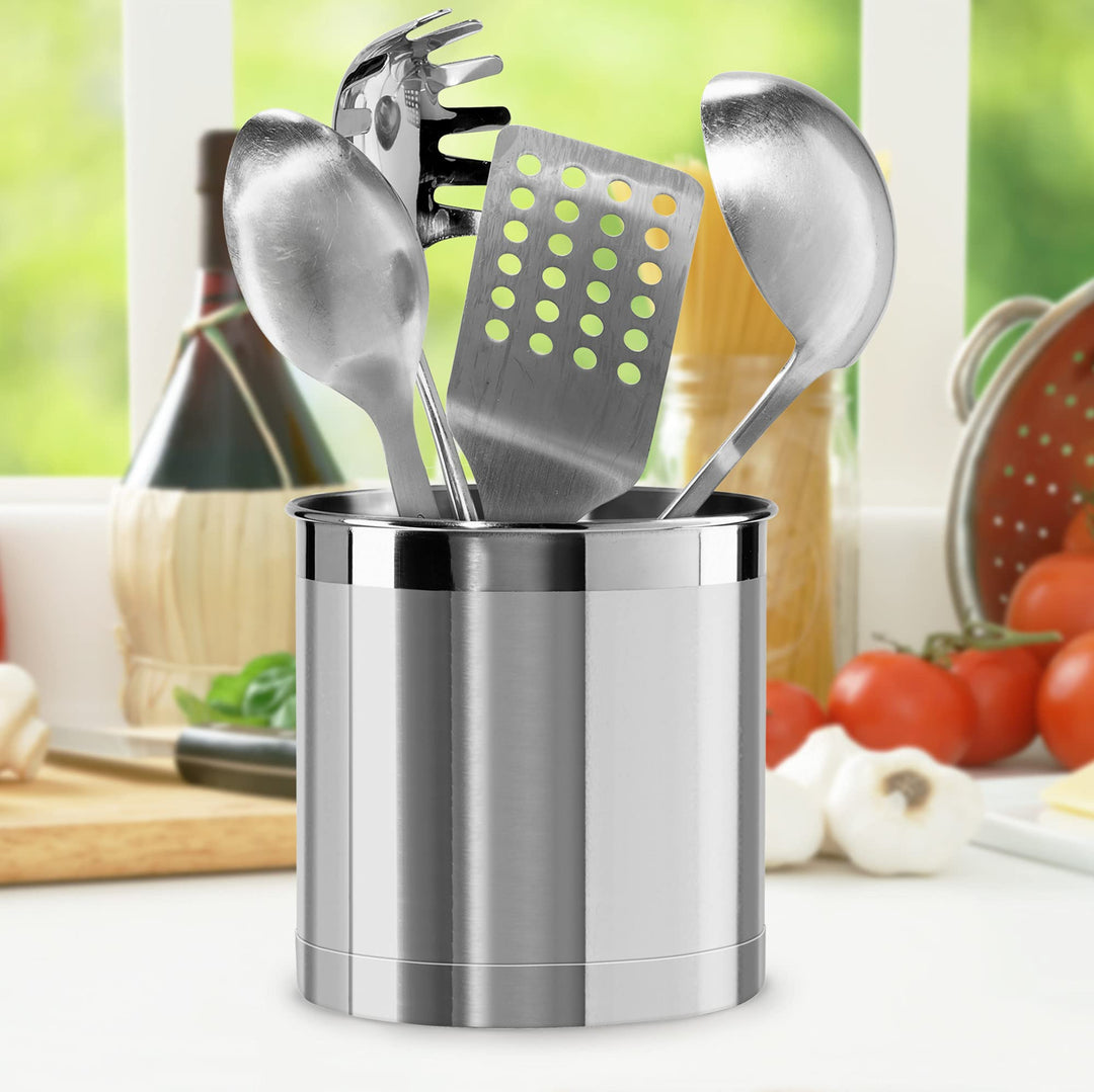 Stainless Steel Jumbo Utensil Holder - 7 Utensil Caddy, Weighted Base for Stability - Extra Large Utensil Crock and Countertop Utensil Organizer, Stainless Steel