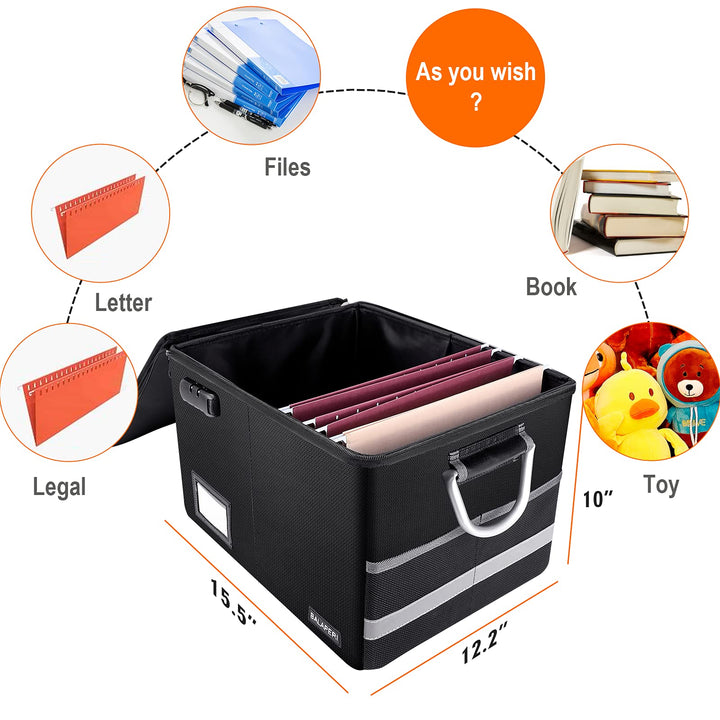 Fireproof File Box with Lock, Collapsible File Storage Box for Hanging Letter/Legal File Folder, Portable Document Storage Filing Box with Handle, File Folder Box for Home Office Travel