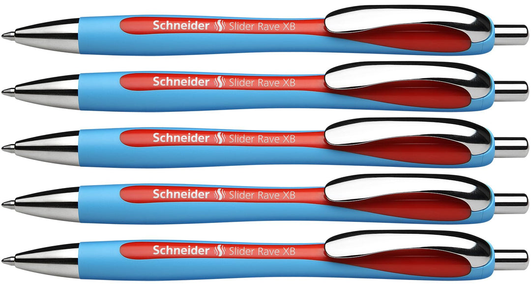 Slider Rave XB (Extra Broad) Ballpoint Pen, Refillable + Retractable, 1.4 mm, Light Blue Barrel, Red Ink, Box of 5 Pens (132502)