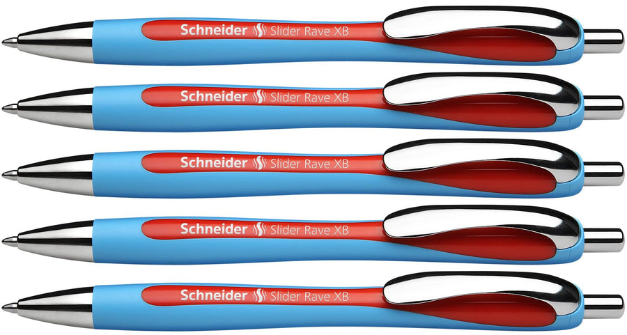 Slider Rave XB (Extra Broad) Ballpoint Pen, Refillable + Retractable, 1.4 mm, Light Blue Barrel, Red Ink, Box of 5 Pens (132502)