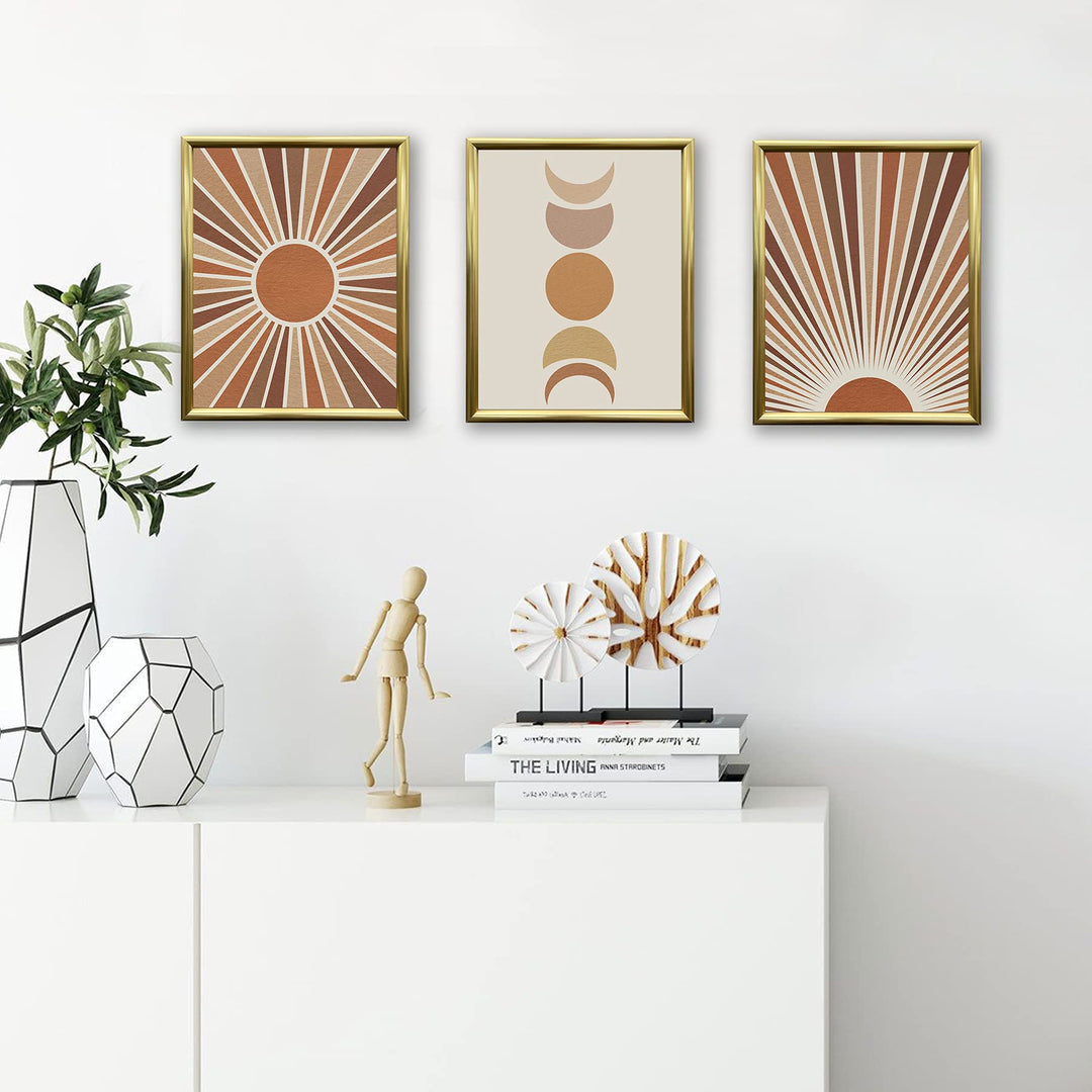 Sunset Sunrise Landscape Wall Art Mid Century Modern Minimalist Wall Decor, Sun and Moon Phase Art Print Boho Wall Prints for Bedroom Living Room(8x10,Set of 3,Gold FRAMED Canvas)