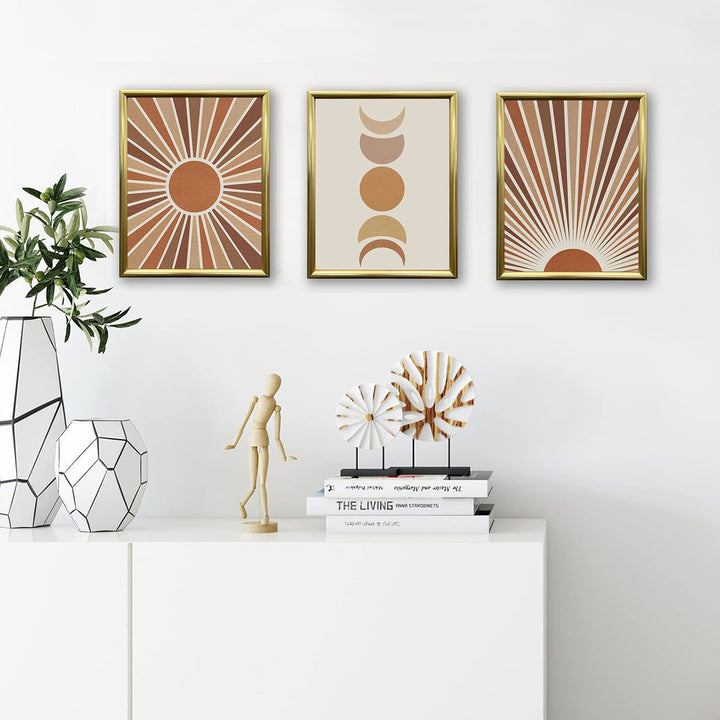 Sunset Sunrise Landscape Wall Art Mid Century Modern Minimalist Wall Decor, Sun and Moon Phase Art Print Boho Wall Prints for Bedroom Living Room(8x10,Set of 3,Gold FRAMED Canvas)